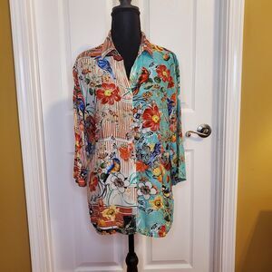 Shana Silk Shirt Aqua Orange Abstract Floral Birds Artsy 3/4 Sleeve SMALL